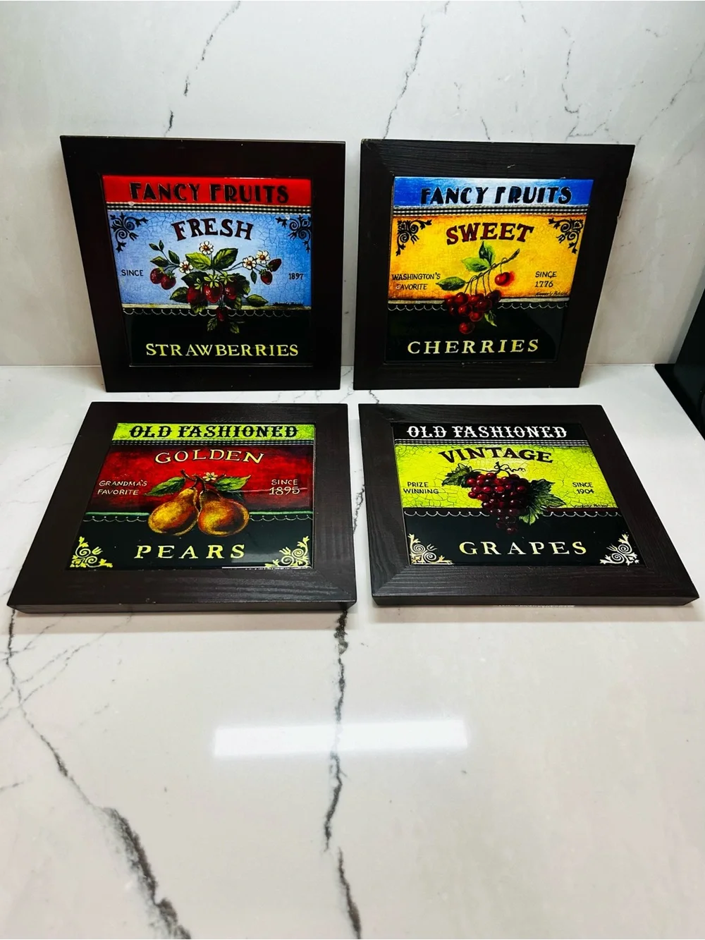 Set of Four Framed Tile Fruit Trivet or Wall Hanging